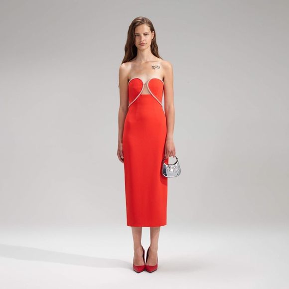 Self-Portrait Red Bandeau Crepe Midi Dress - Picture 1 of 13